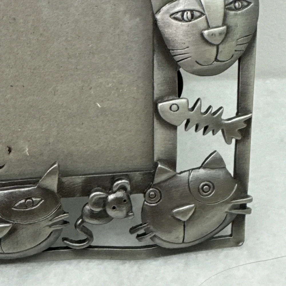 Sonoma Crazy Vtg Modern Cats 4 x 6 Picture Frame Pewter Tone Metal Fish Mice NEW